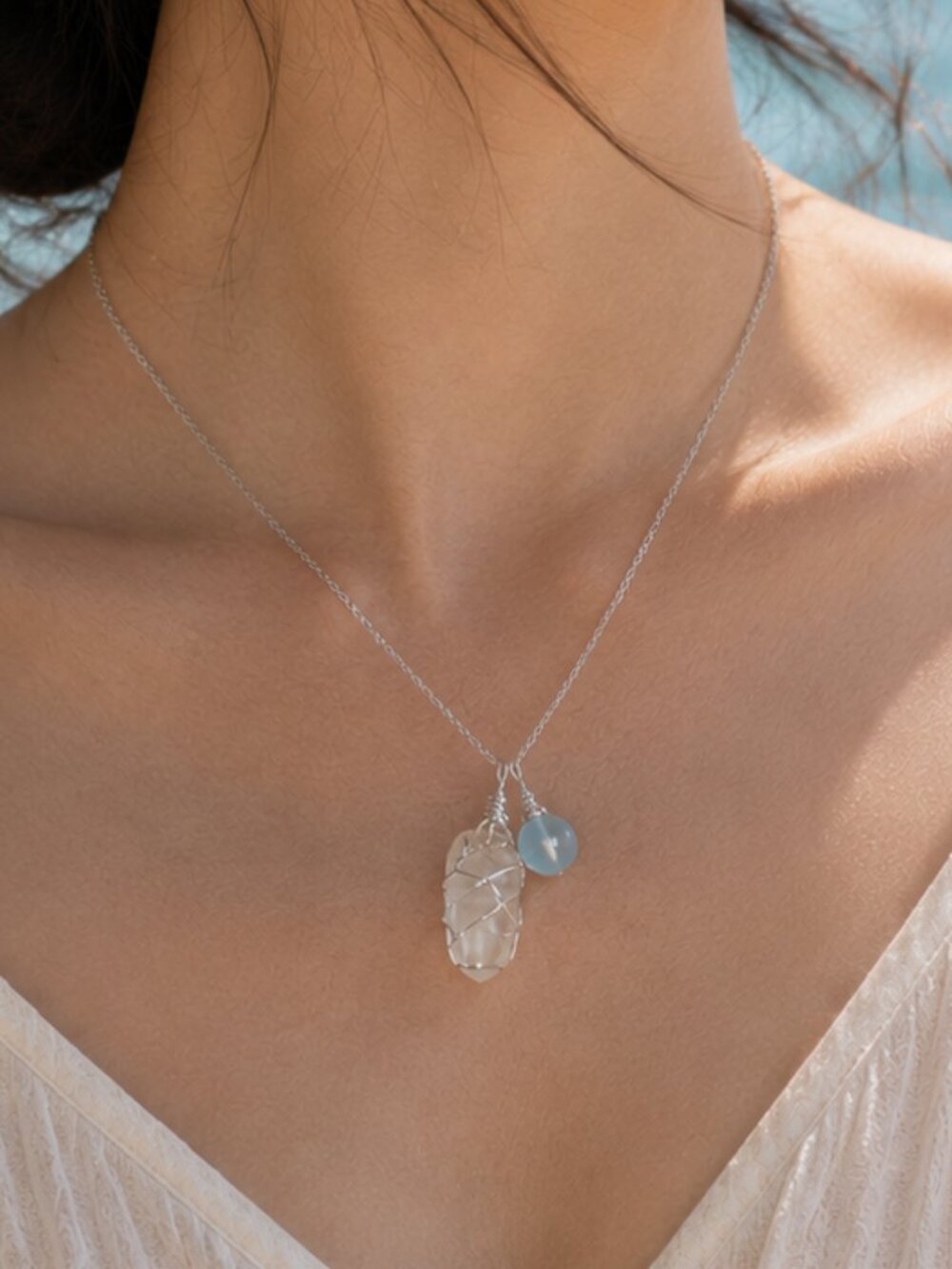 A Drop of Water Aquamarine & Clear Quartz Wire Wrapped Necklace | Ocean Inspired